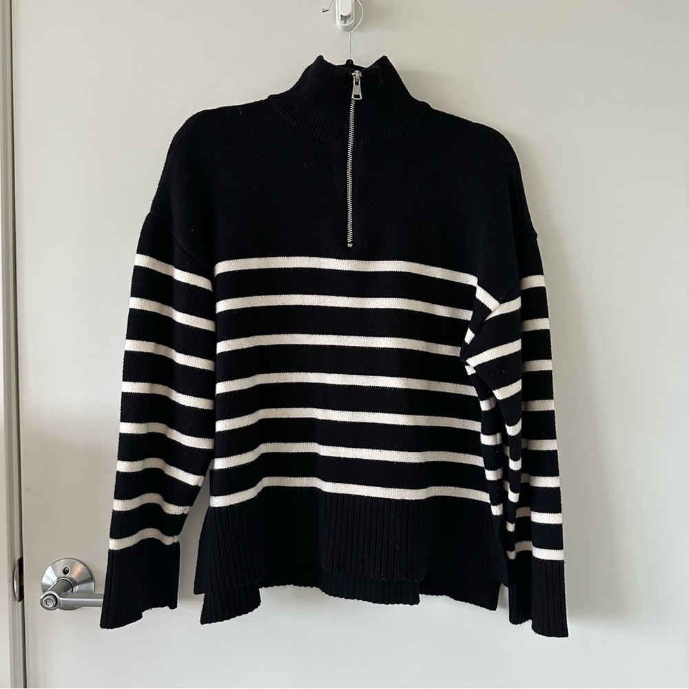 Zara Striped Sweater with Zip Mock Neck in Black and White